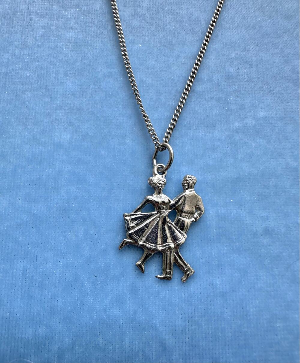 Vintage 925 Sterling Silver Square Dancing Couple Pendant Necklace Charm